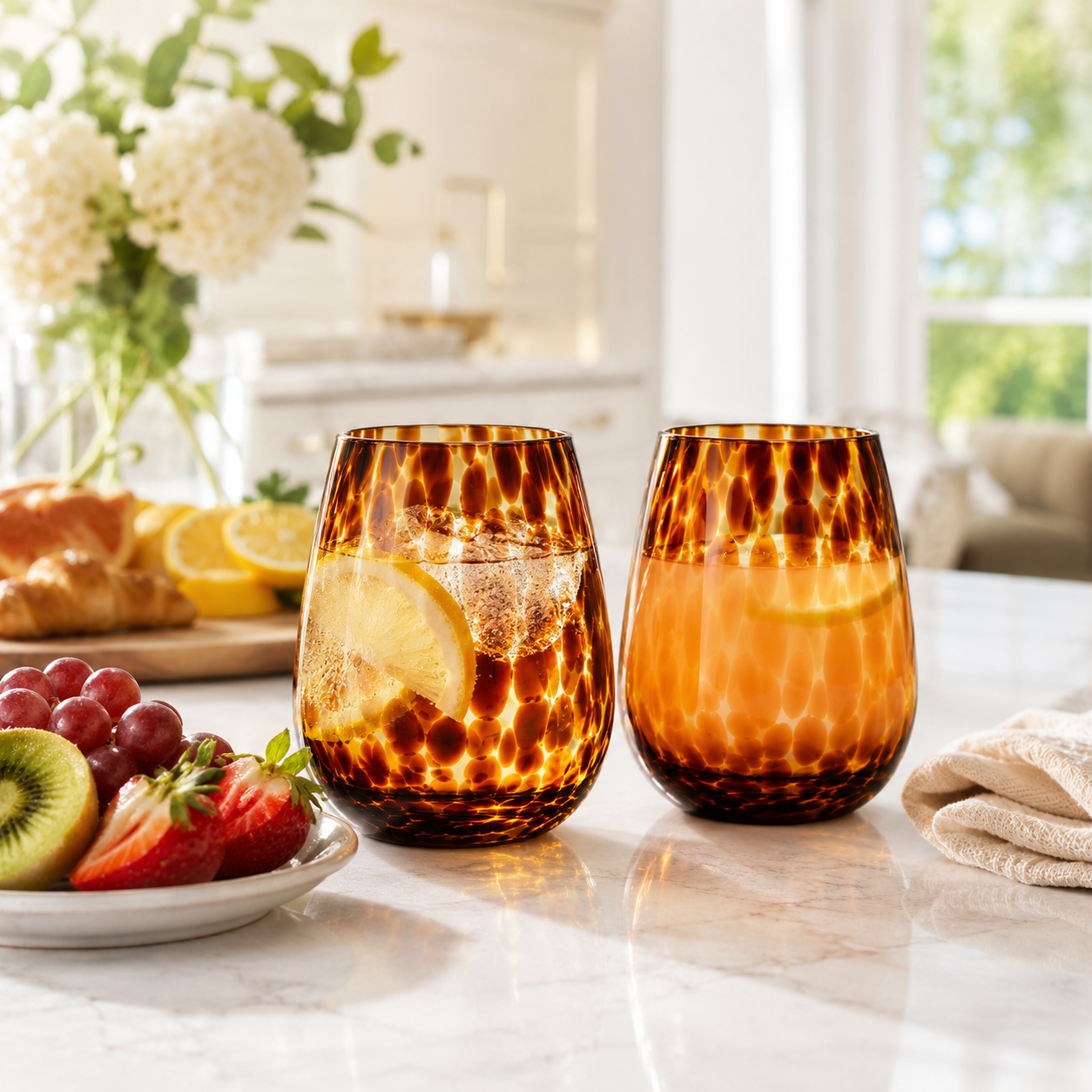 Leopard Print Amber Colored Stemless Wine Glass |  Set of 2