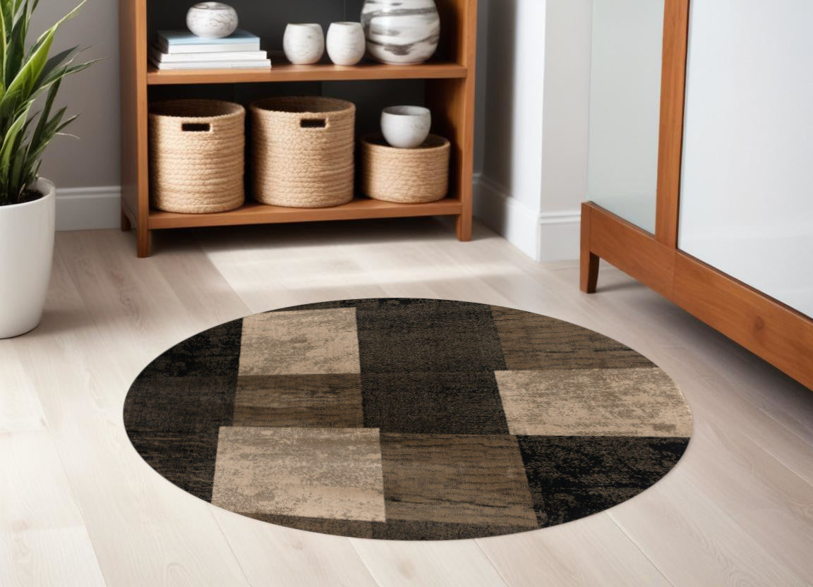 5 Beige and Brown Geometric Distressed Round Rug