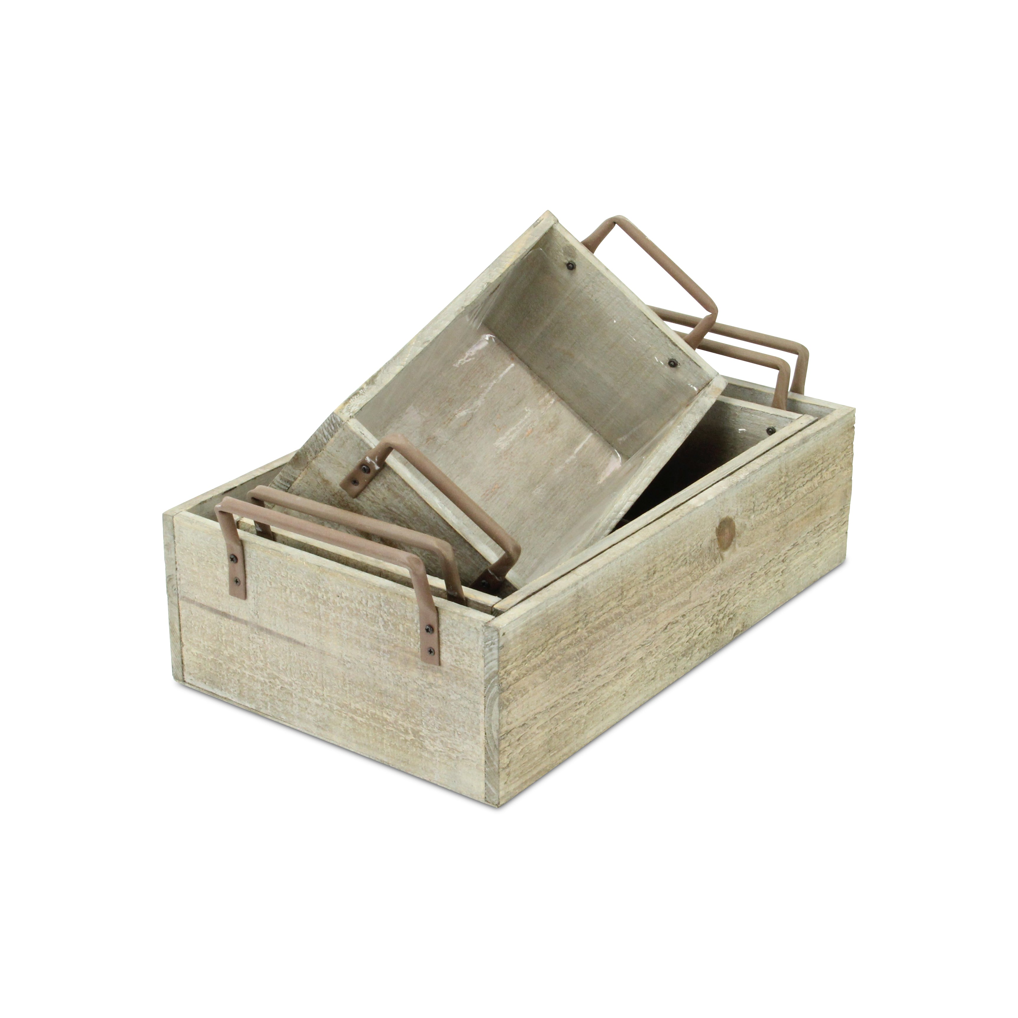 Zada Set Of 3 Brown Wood Handled Rectangular Crates