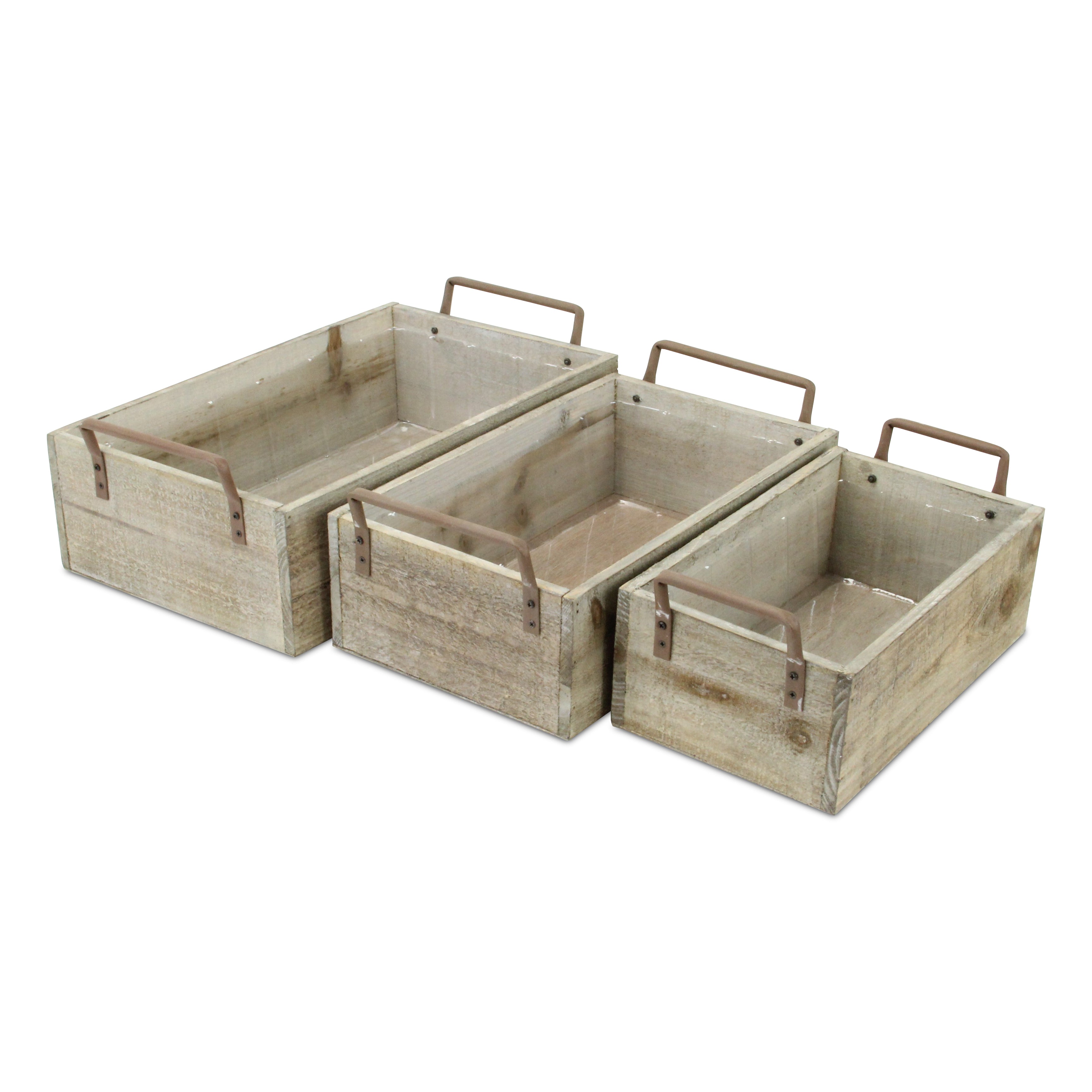 Zada Set Of 3 Brown Wood Handled Rectangular Crates