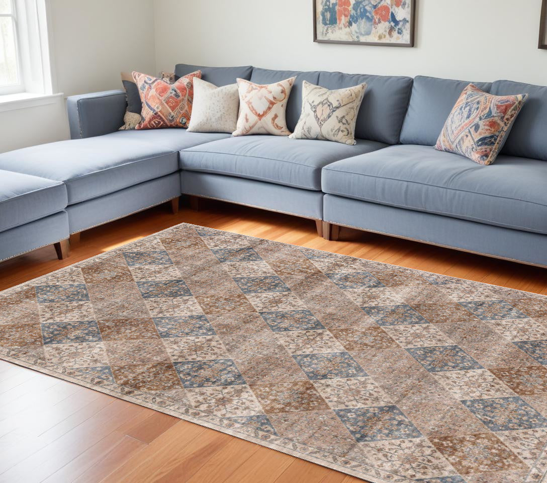 8 X 11 Brown and Blue Floral Distressed Area Rug