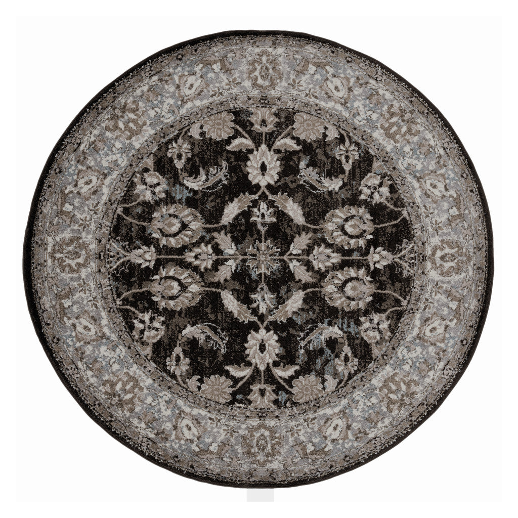 6 Black Round Floral Power Loom Area Rug