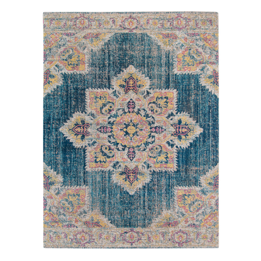 10 x 14 Teal Blue Medallion Power Loom Area Rug With Fringe