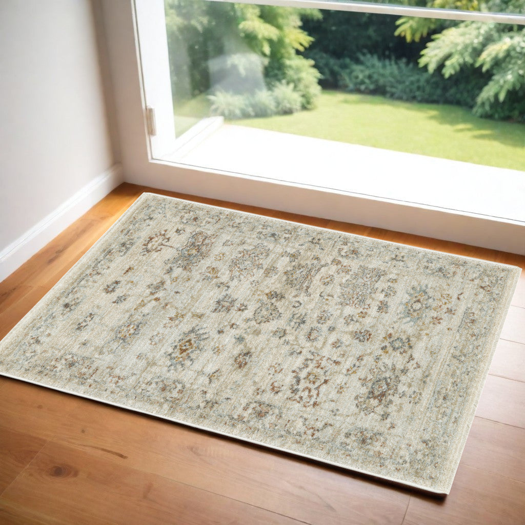 3 X 5 Beige and Blue Oriental Power Loom Distressed Area Rug With Fringe
