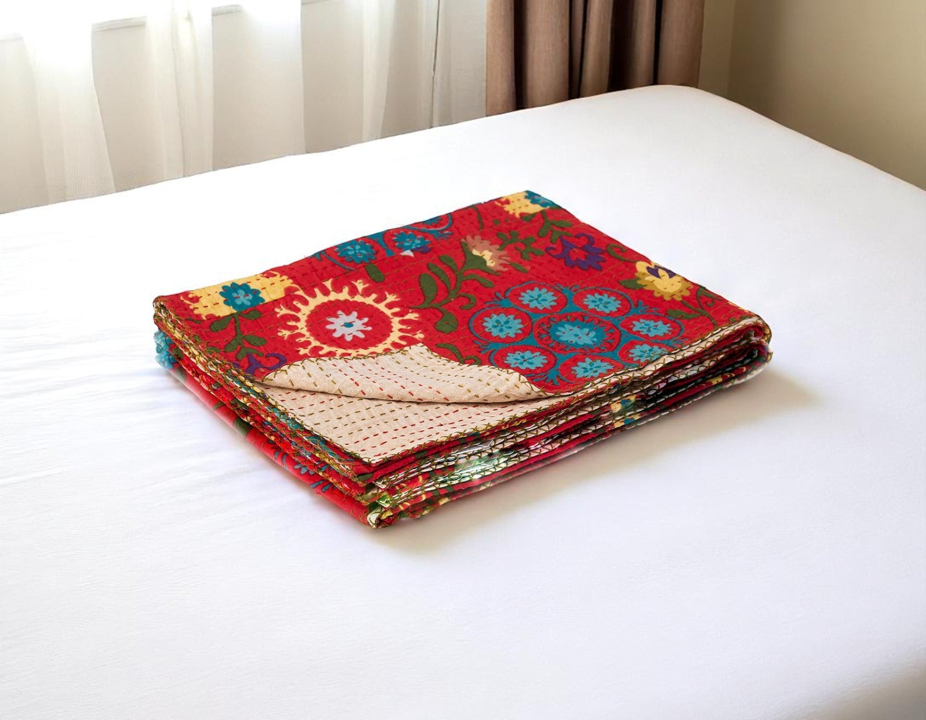 50 X 70 Red Floral Cotton Quilted Kantha Throw Blanket with Embroidery