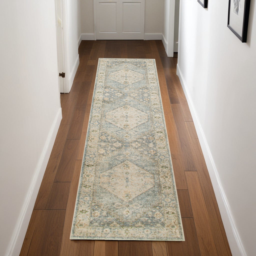 8 Blue And Silver Floral Medallion Distressed Washable Runner Rug