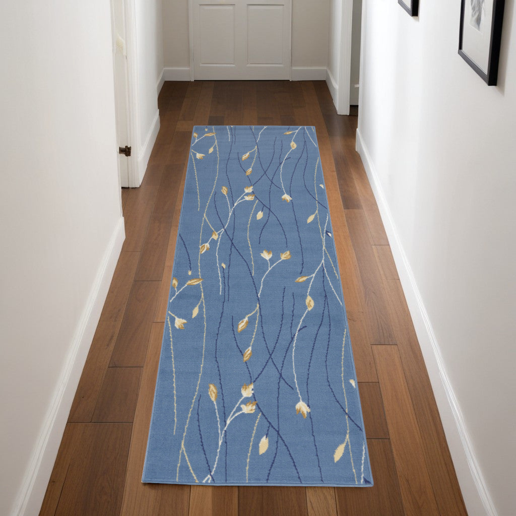 8 Blue And Beige Floral Runner Rug