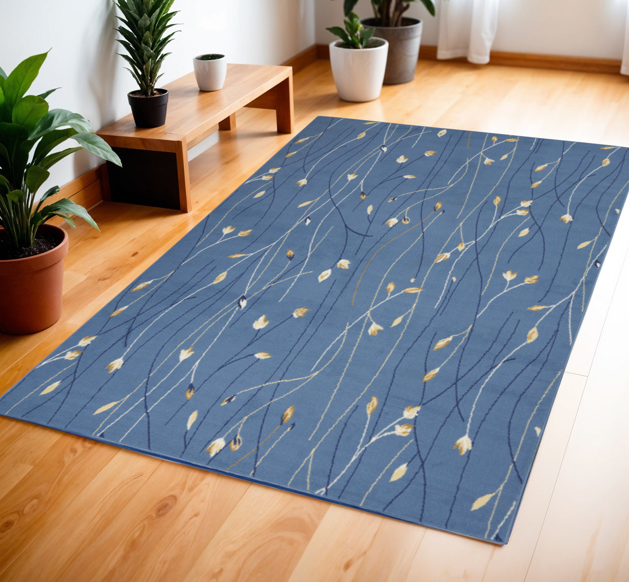 4 X 6 Blue and Beige Floral Power Loom Area Rug
