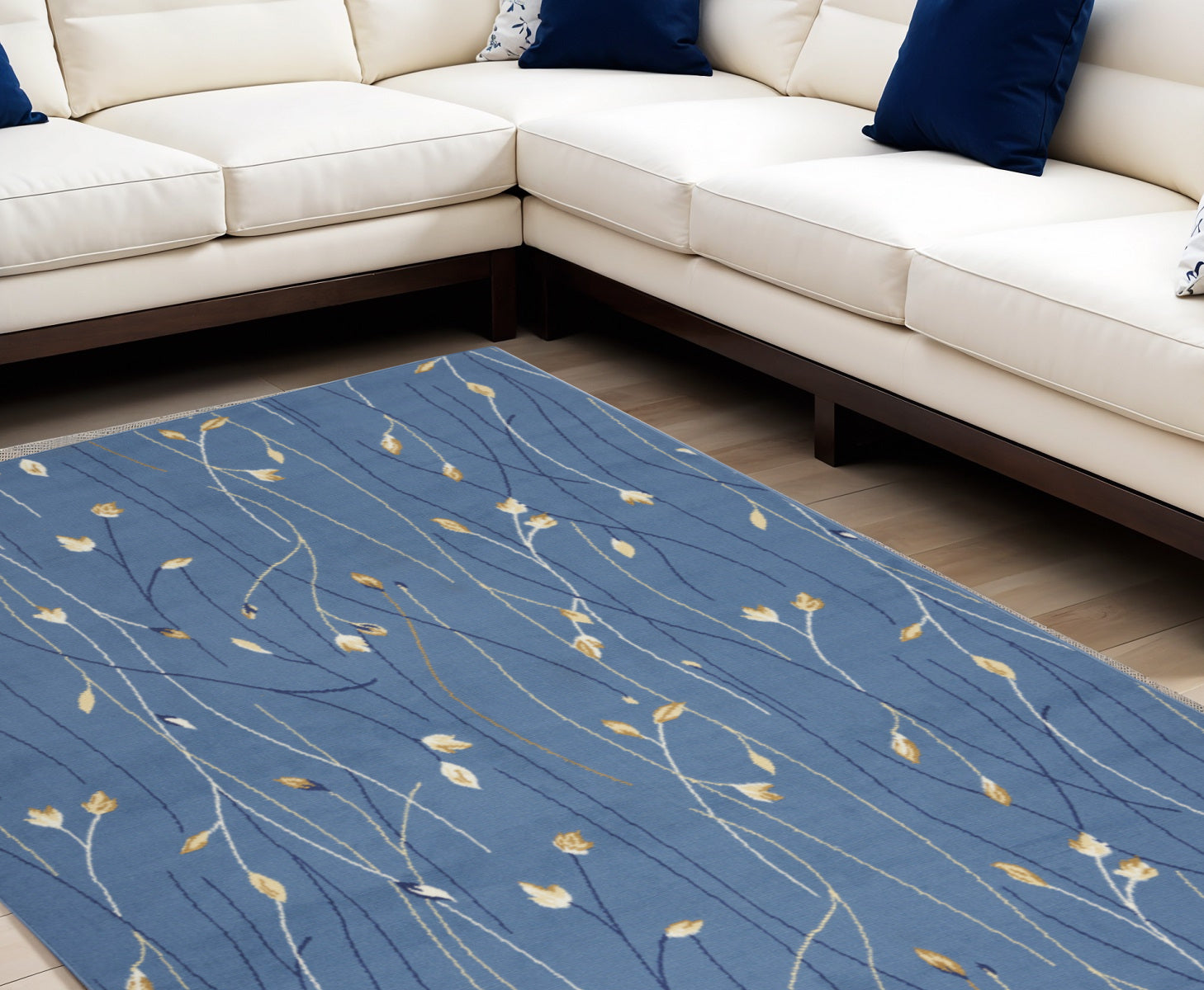 6 X 9 Blue and Beige Floral Power Loom Area Rug