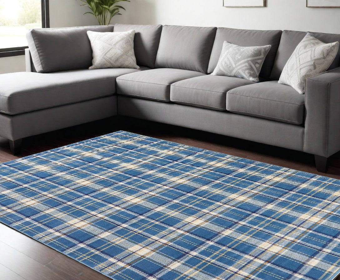 8 X 10 Blue and Beige Plaid Power Loom Area Rug