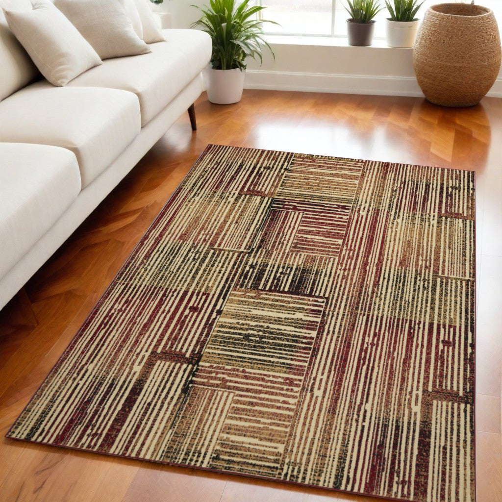 5 X 7 Tan Black and Red Striped Non Skid Area Rug