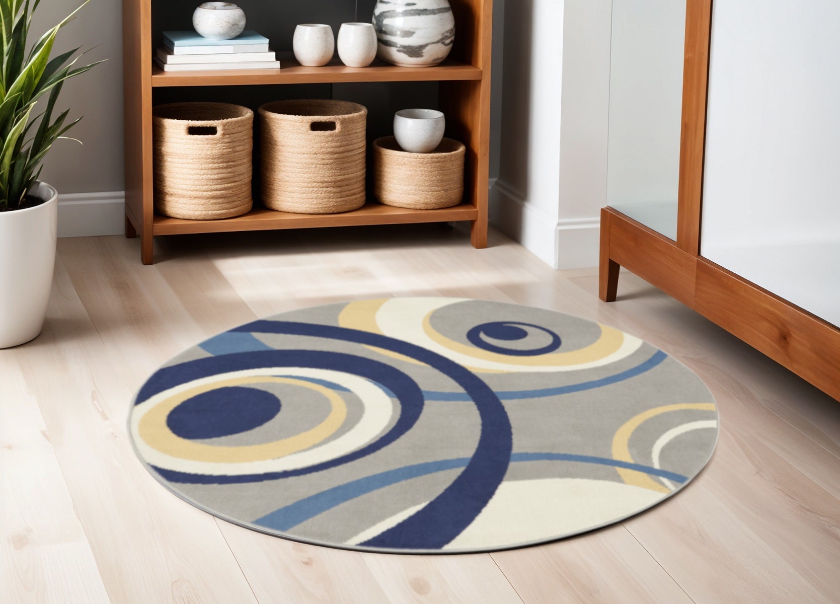 5 Gray and Blue Round Geometric Power Loom Area Rug