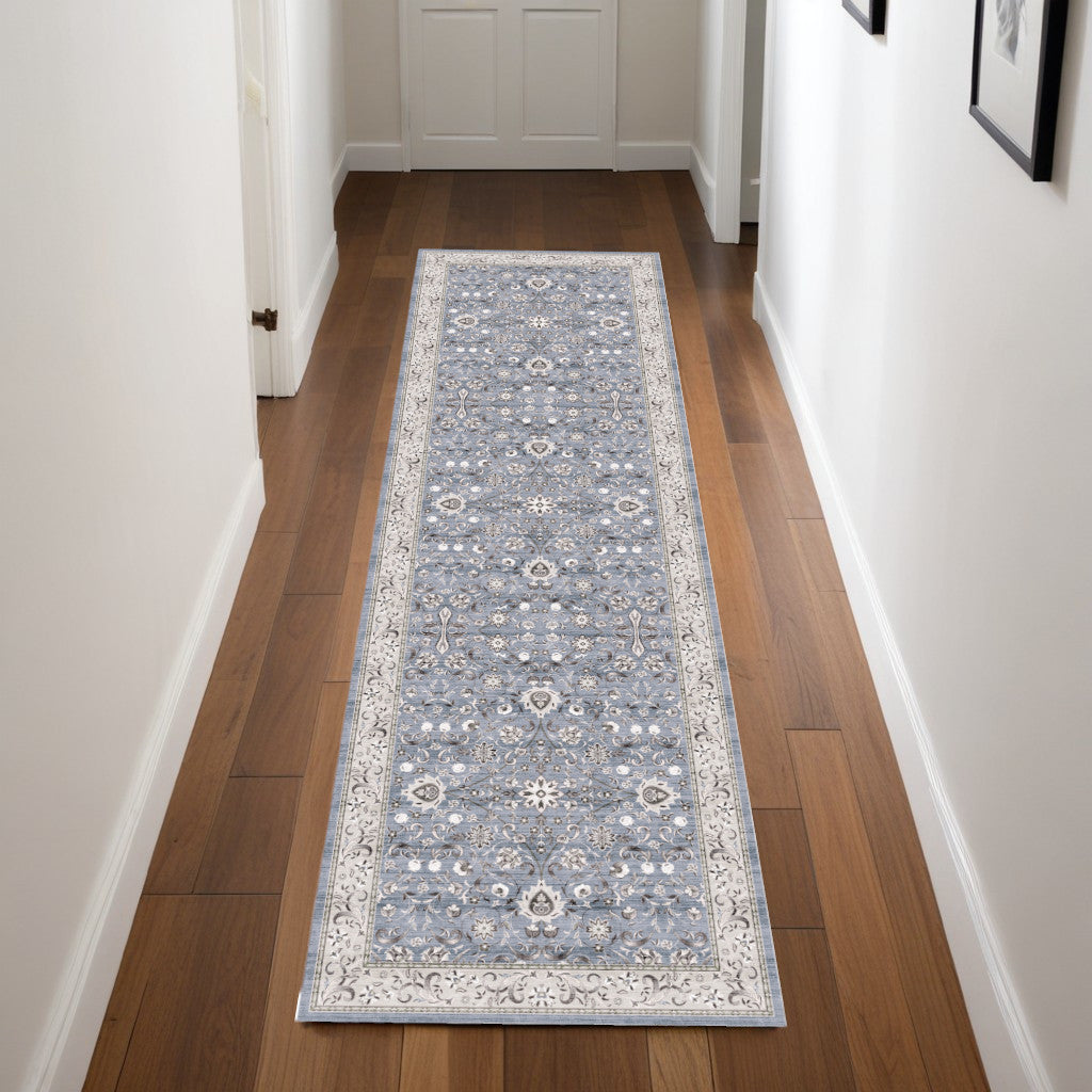 8 Beige and Blue Floral Distressed Non Skid Runner Rug