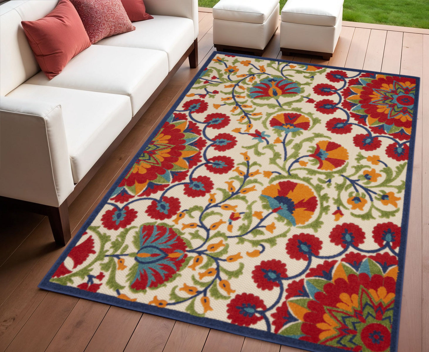 4 X 6 Navy Blue Beige Green Blue And Red Floral Indoor Outdoor Area Rug