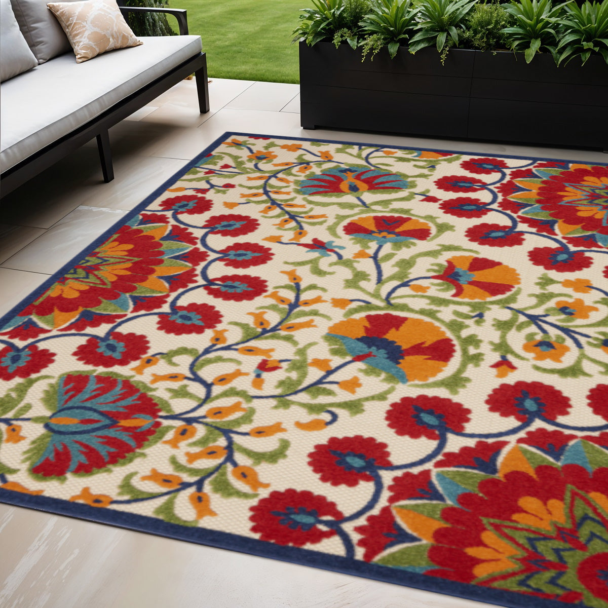 5 X 8 Navy Blue Beige Green Blue And Red Floral Indoor Outdoor Area Rug