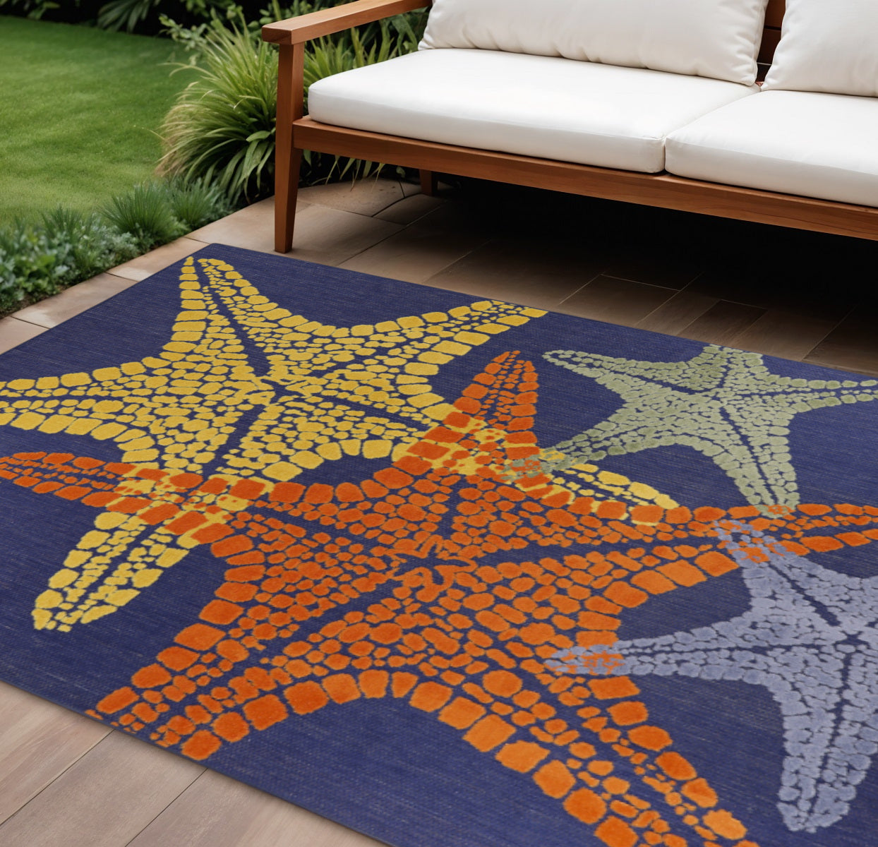 6 X 9 Blue Yellow And Orange Starfish Indoor Outdoor Area Rug