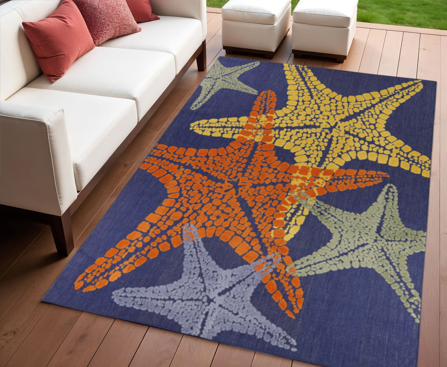 4 X 6 Blue Yellow And Orange Starfish Indoor Outdoor Area Rug