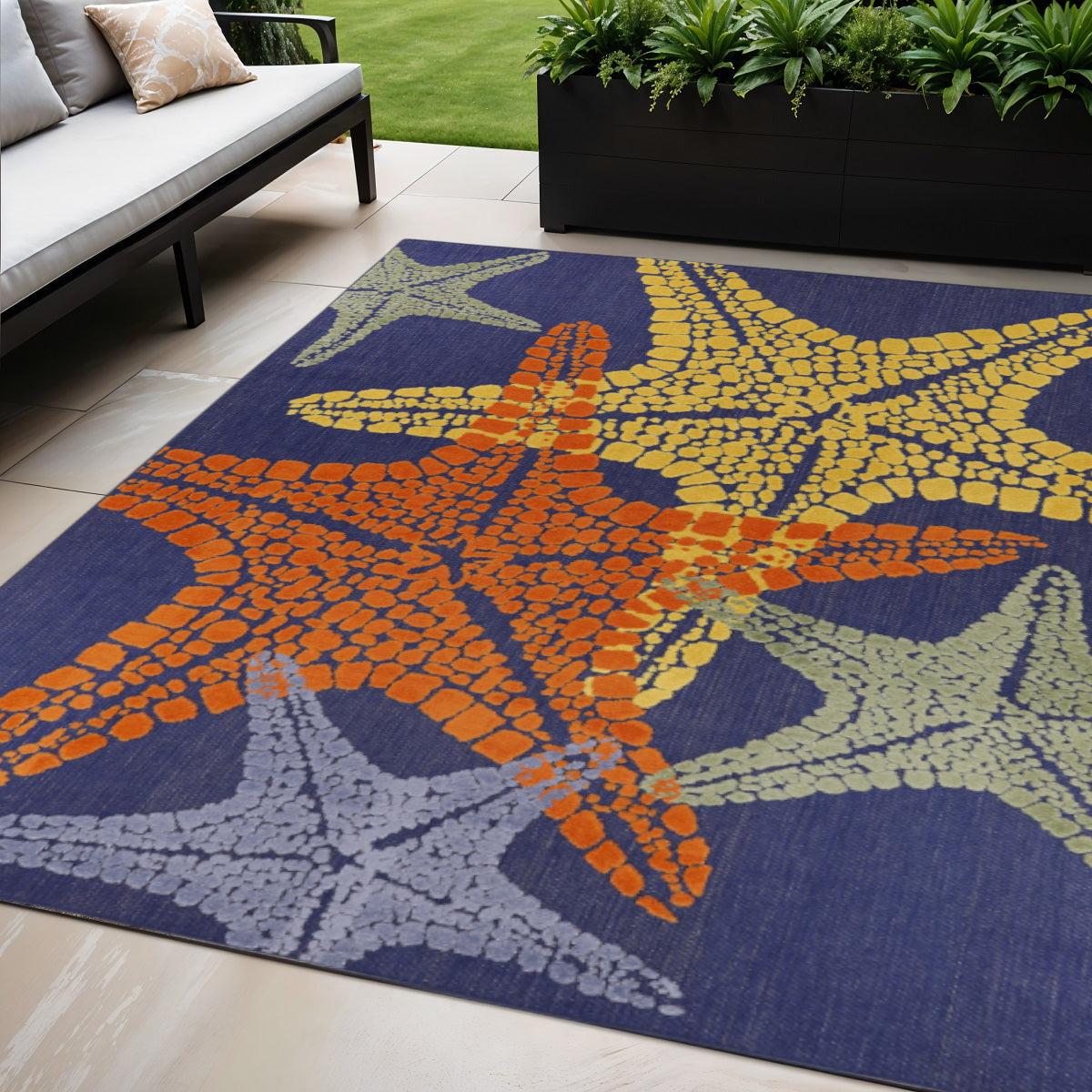 5 X 8 Blue Yellow And Orange Starfish Indoor Outdoor Area Rug