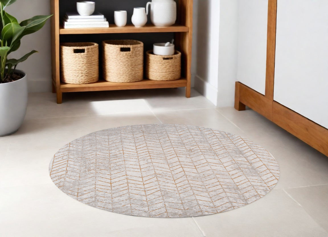 5 Gray and Yellow Round Chevron Non Skid Area Rug