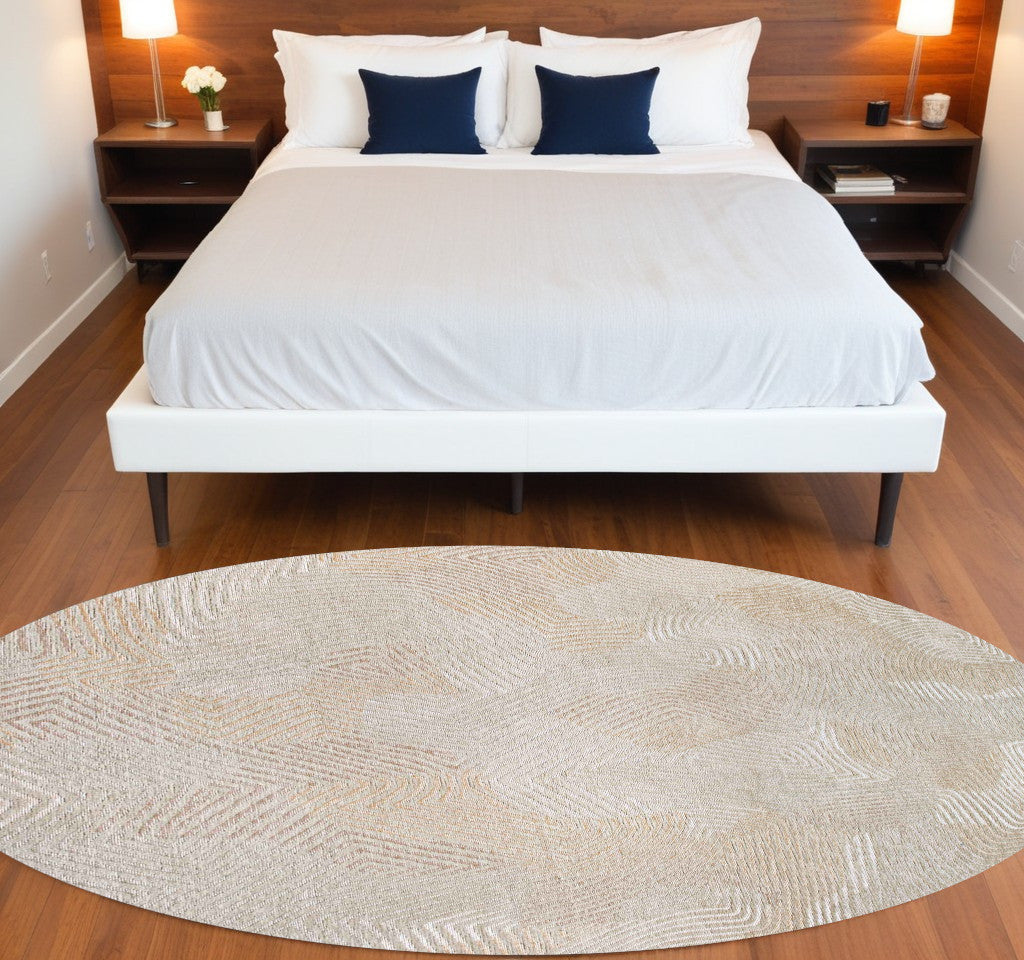 5 Beige and White Round Abstract Non Skid Area Rug