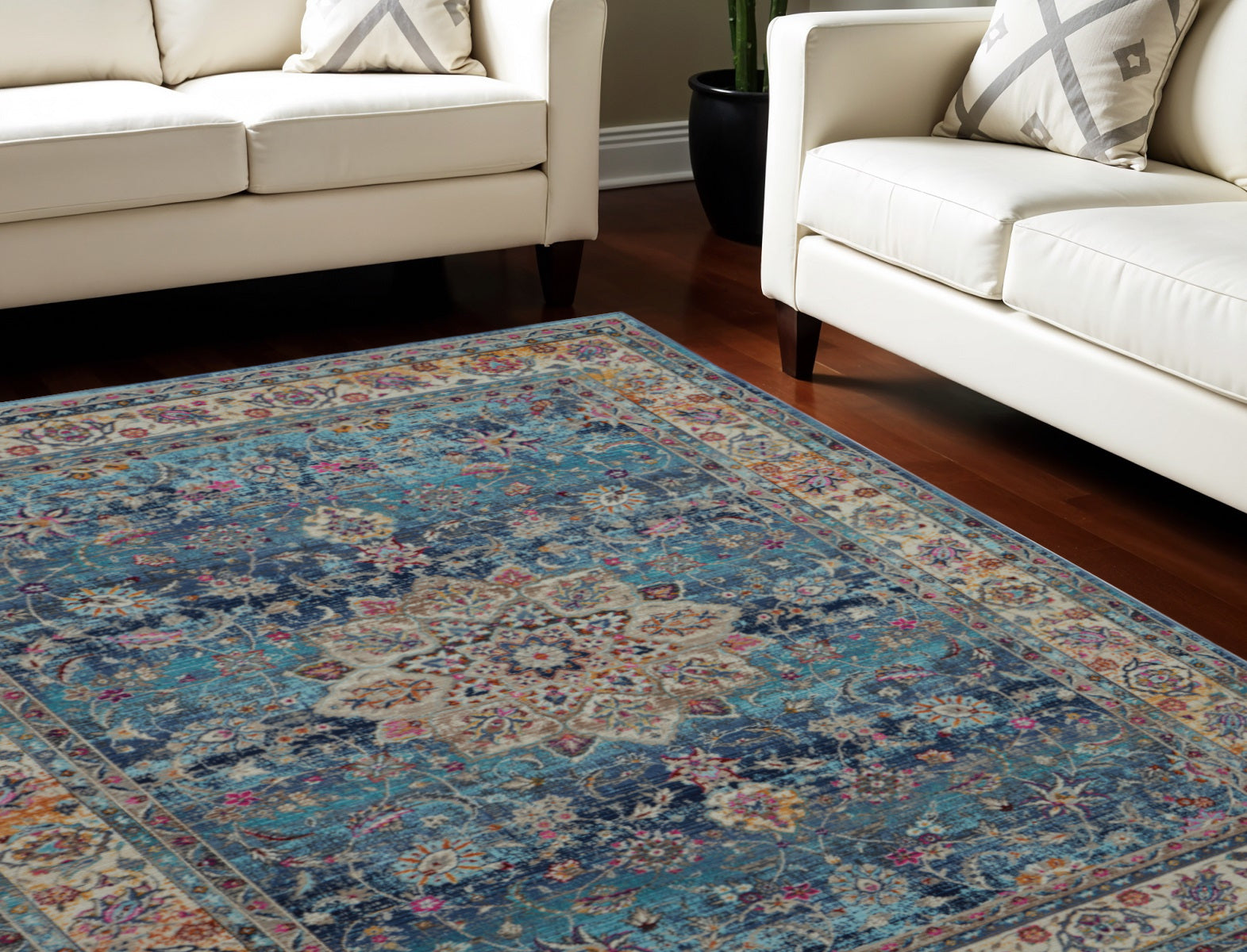 8 X 10 Blue and Beige Floral Medallion Distressed Non Skid Area Rug