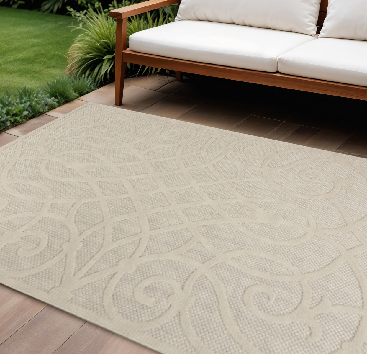 6 X 9 Cream And Beige Trellis Indoor Outdoor Area Rug