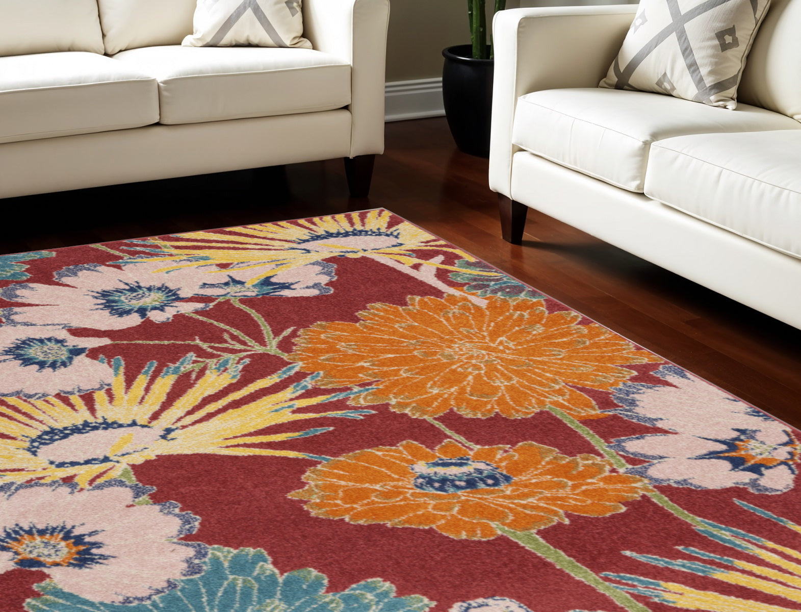 8 X 10 Orange and Red Tropical Floral Power Loom Area Rug