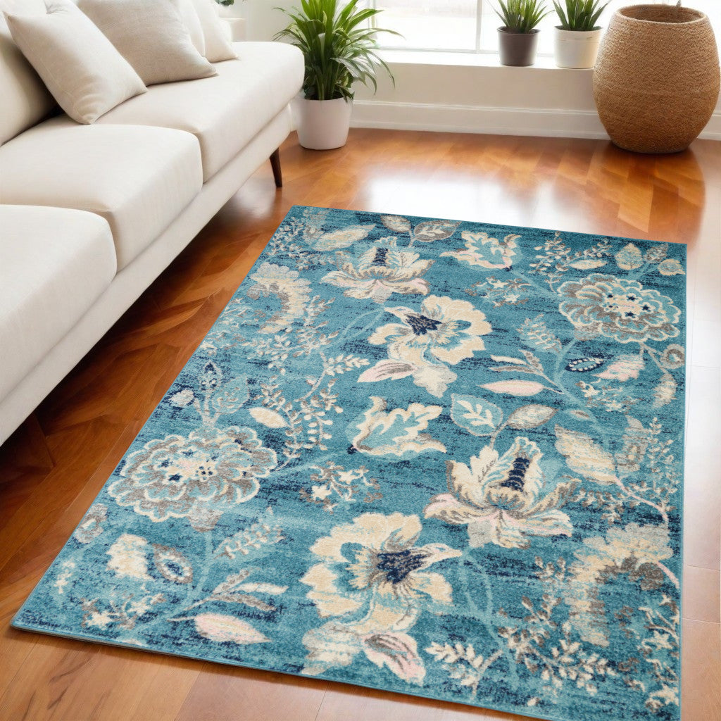 5 X 7 Turquoise Cream and Navy Blue Floral Distressed Area Rug