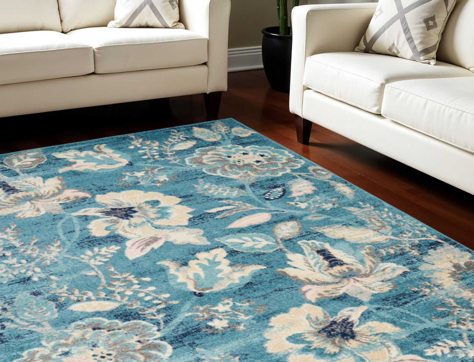 6 X 9 Turquoise Cream and Navy Blue Floral Distressed Area Rug