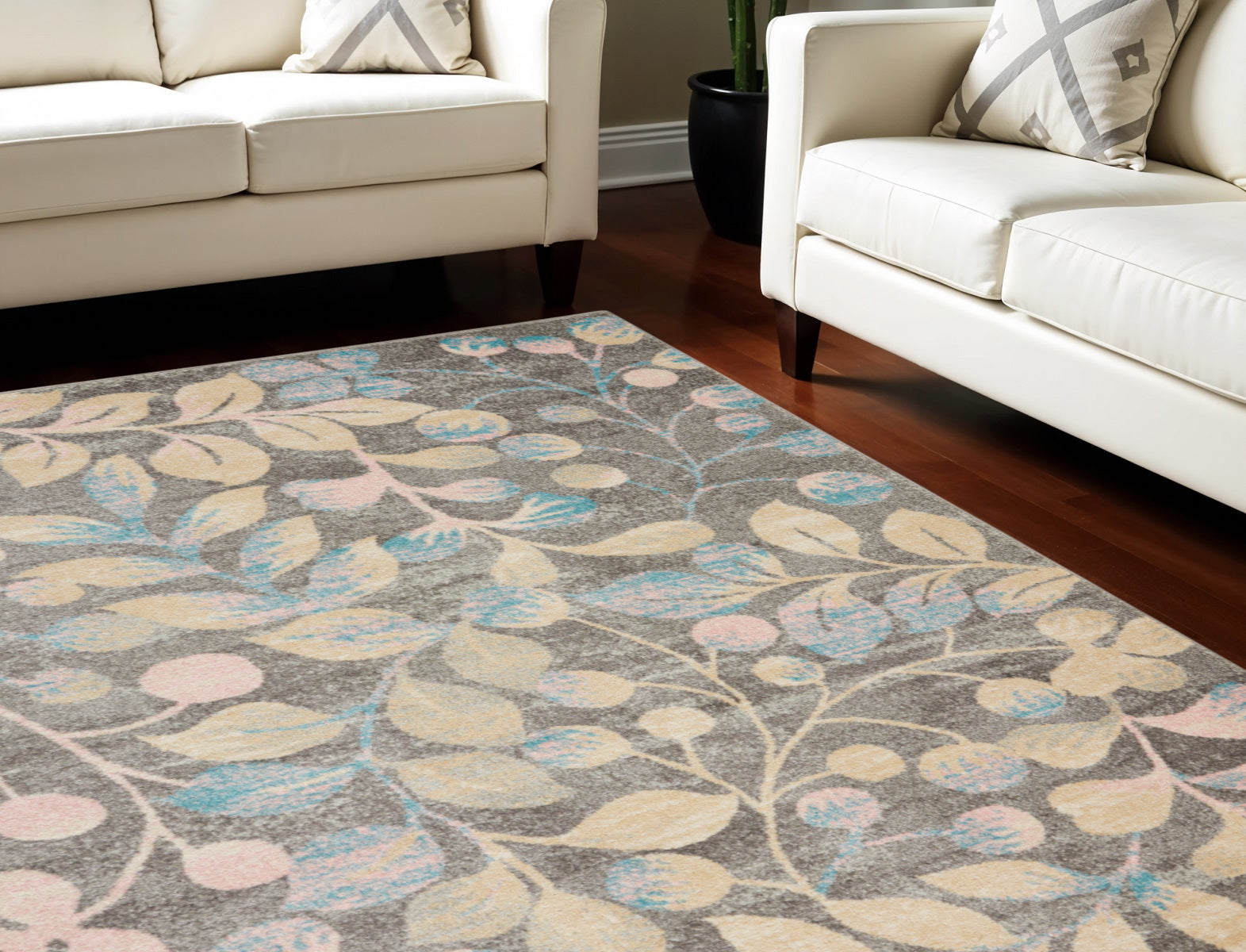 6 X 9 Beige Gray And Blue Botanical Leaves Area Rug