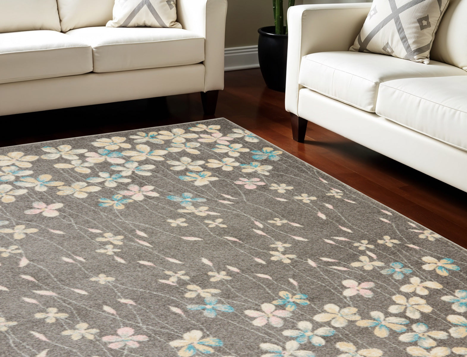 6 X 9 Beige And Gray Floral Area Rug