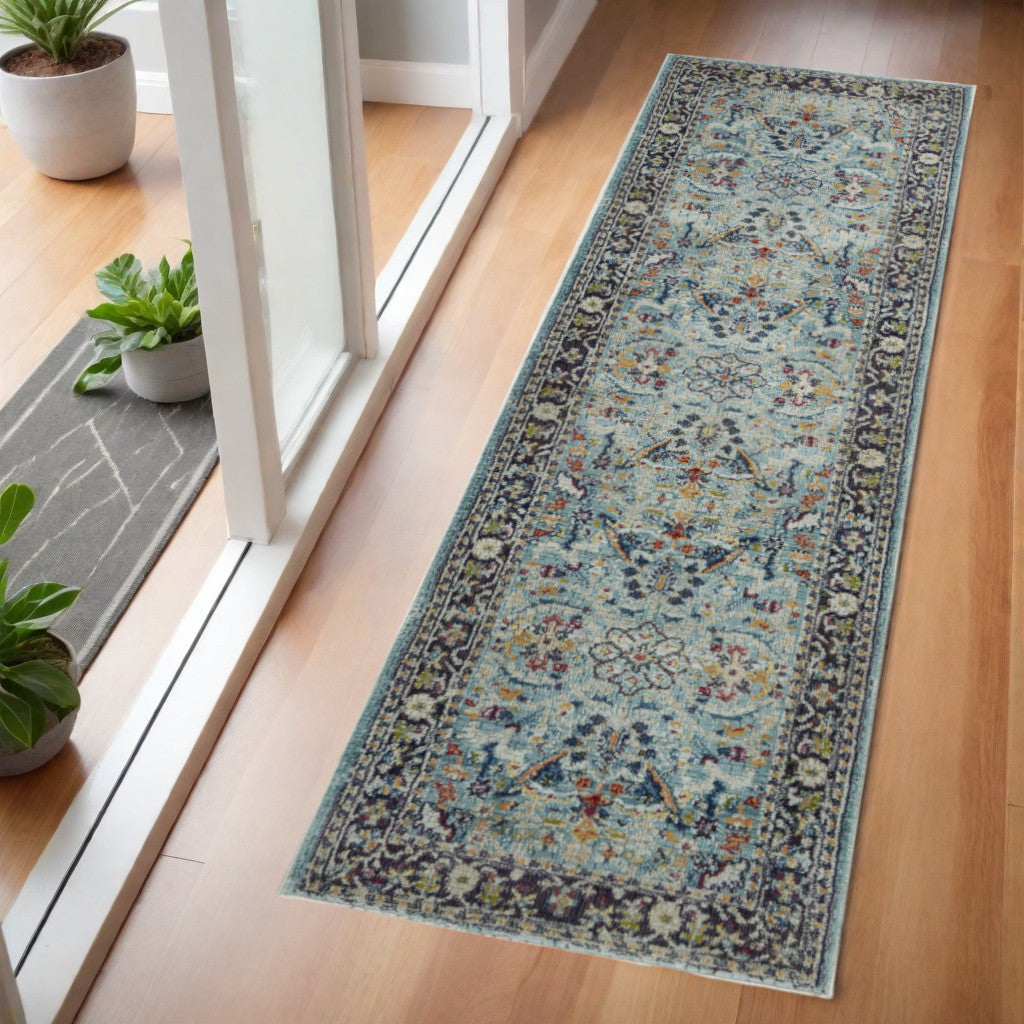 6 Teal Blue Orange and Black Floral Distressed Non Skid Runner Rug