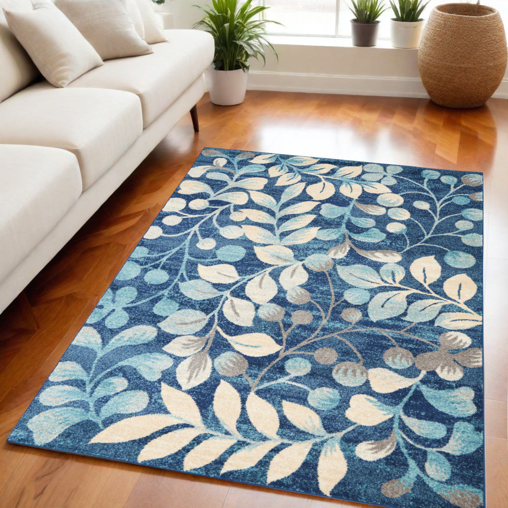 5 X 7 Navy Blue and Beige Botanical Leaves Area Rug