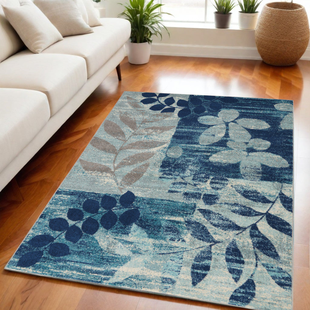 5 X 7 Navy Blue Light Blue and Gray Botanical Leaves Area Rug