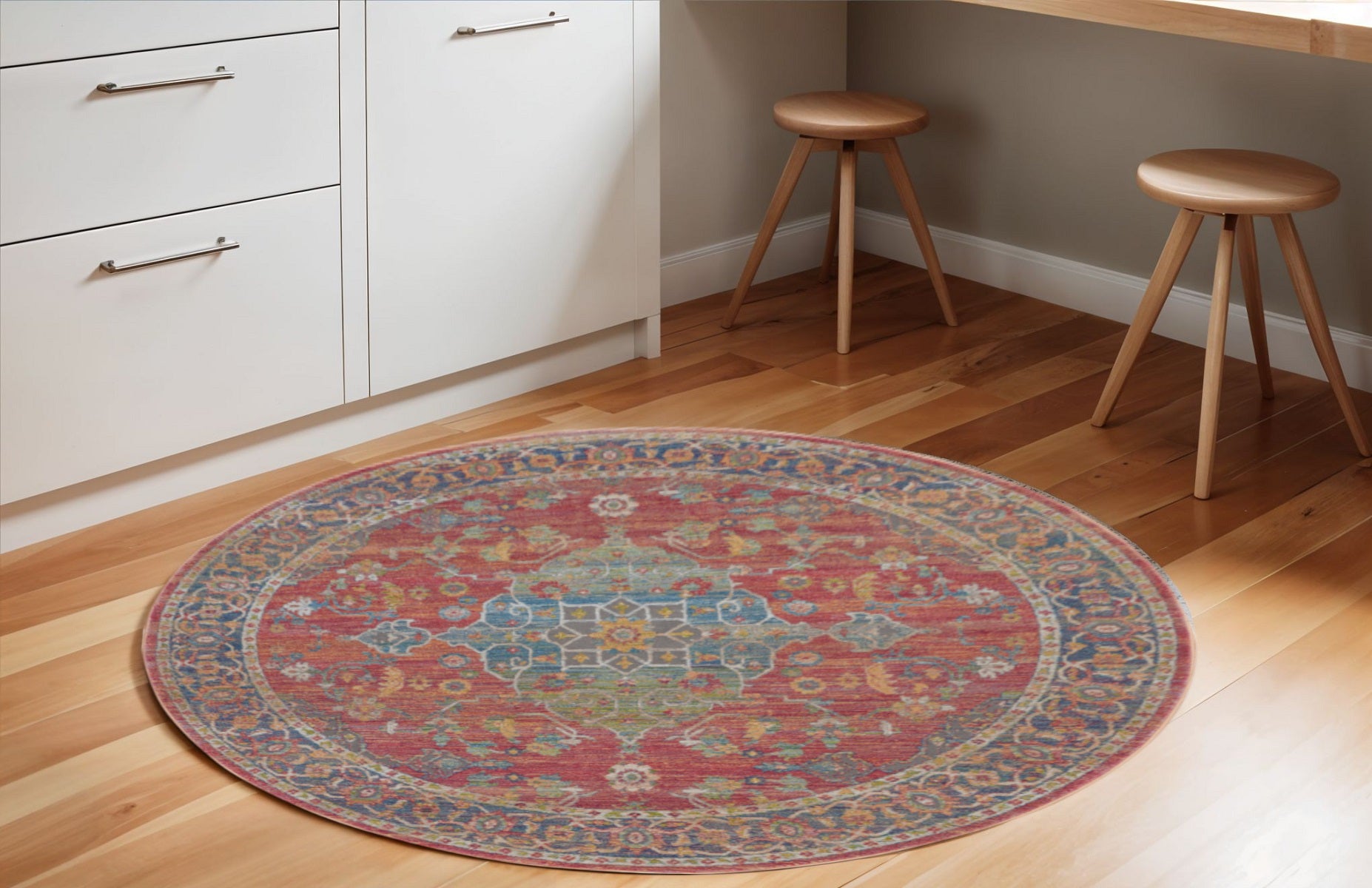 6 Blue and Red Floral Medallion Distressed Non Skid Round Rug