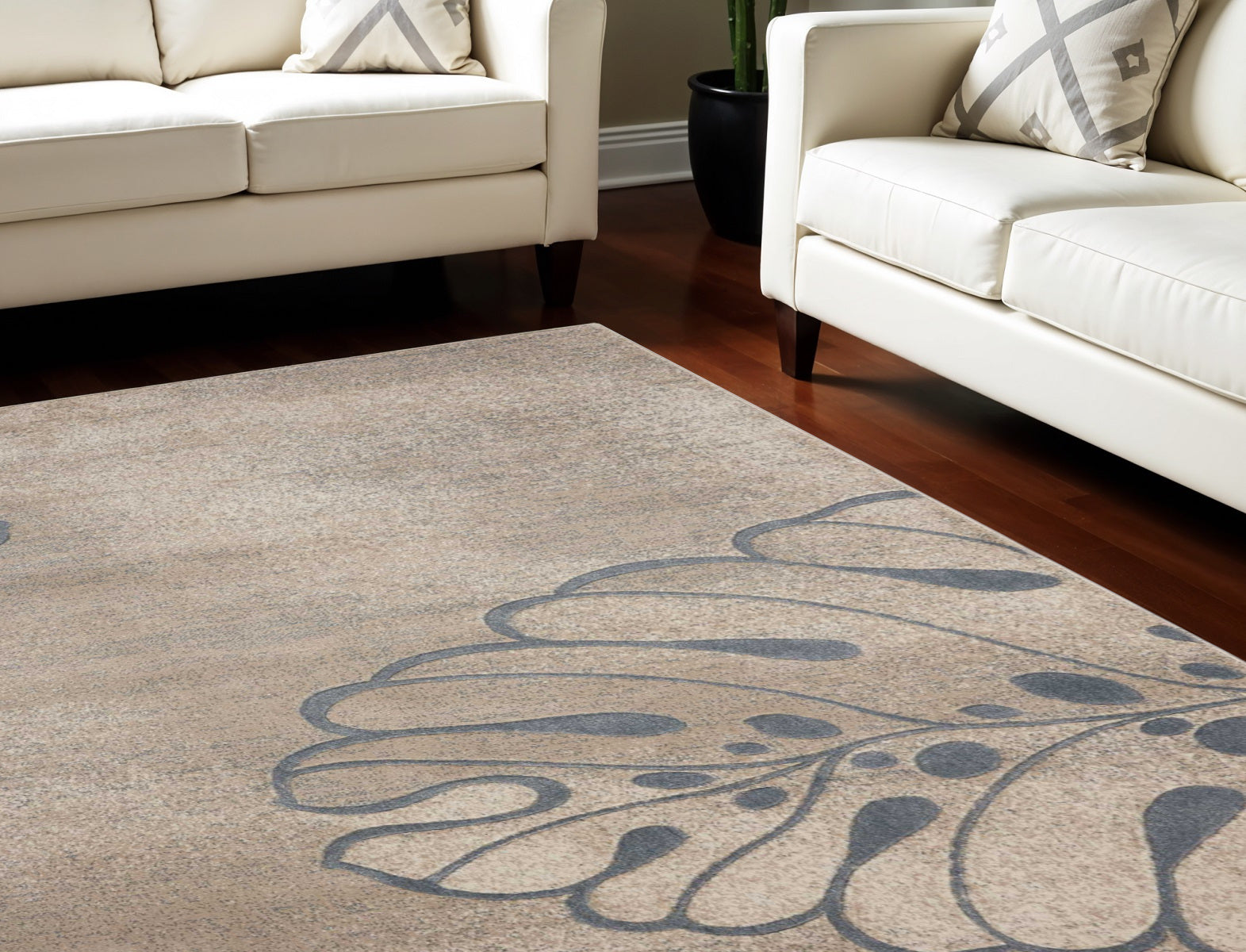 8 X 11 Beige and Gray Floral Non Skid Area Rug