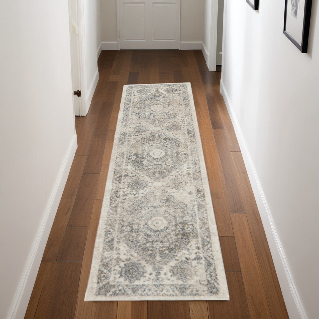 8 Cream and Gray Floral Distressed Runner Rug