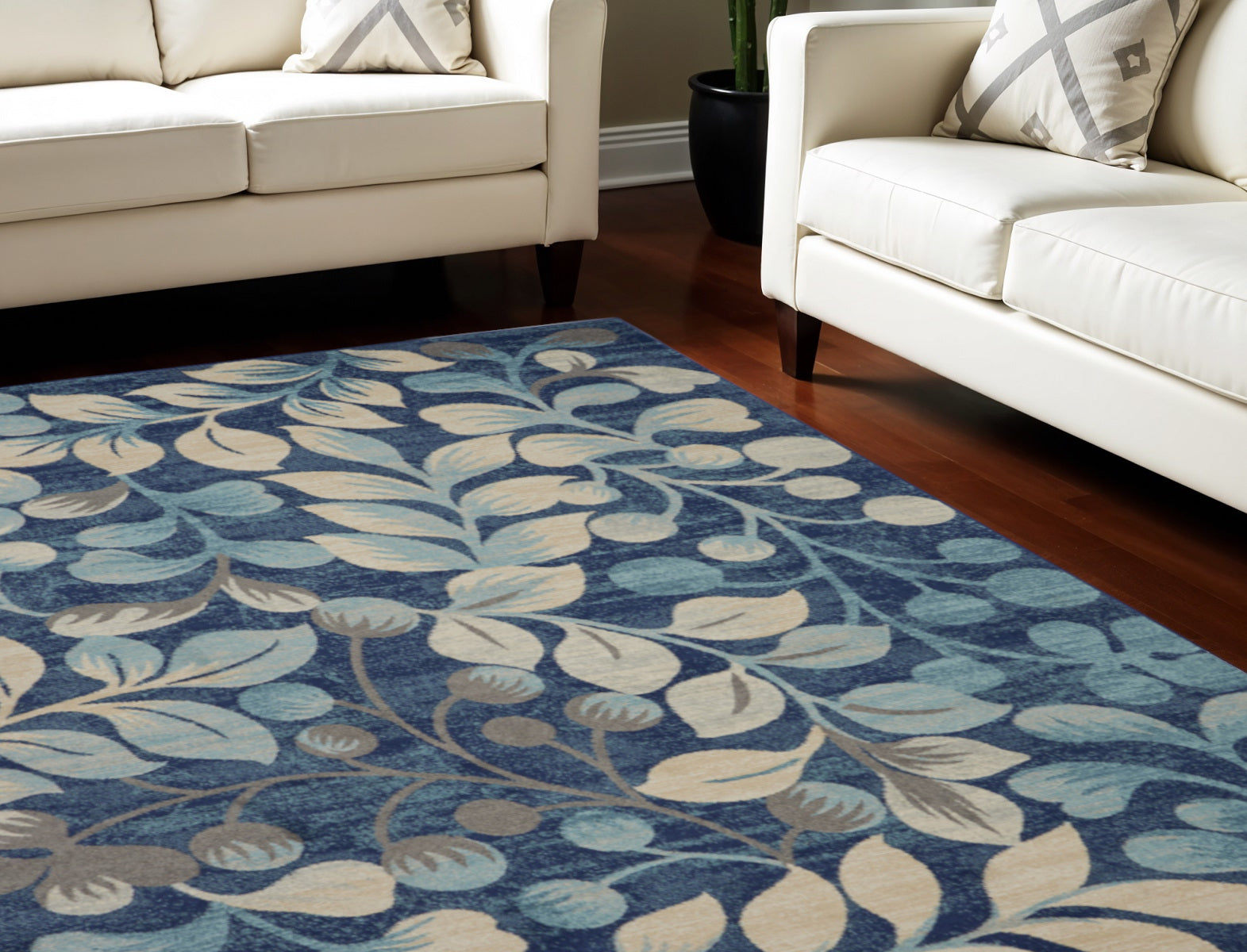 8 X 10 Navy Blue and Beige Botanical Leaves Area Rug