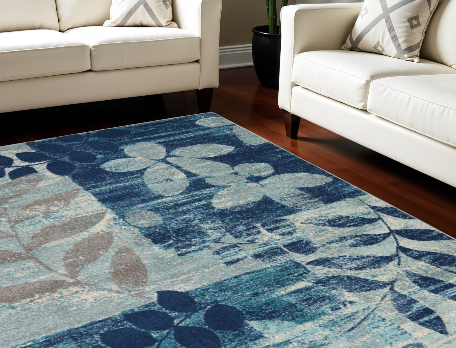 8 X 10 Navy Blue Light Blue and Gray Botanical Leaves Area Rug