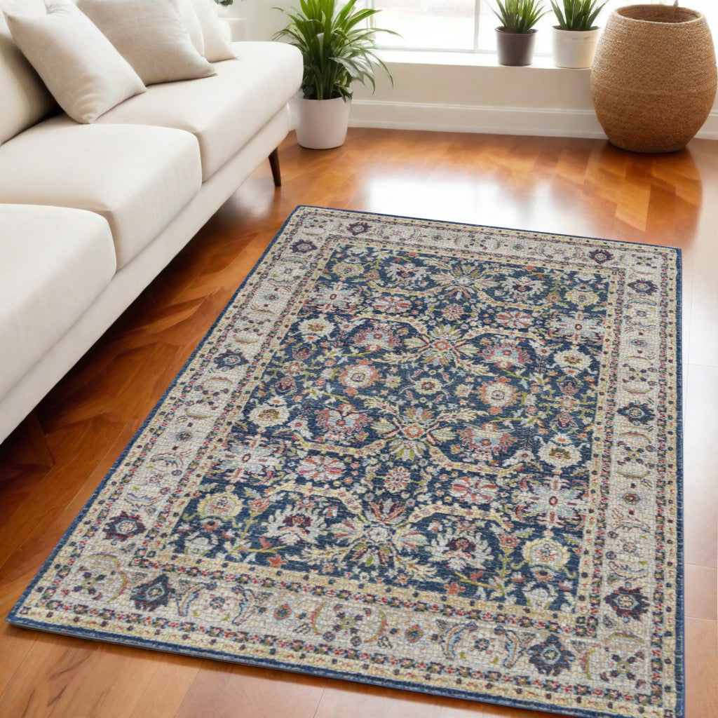 5 X 8 Navy Blue and Yellow Floral Distressed Non Skid Area Rug
