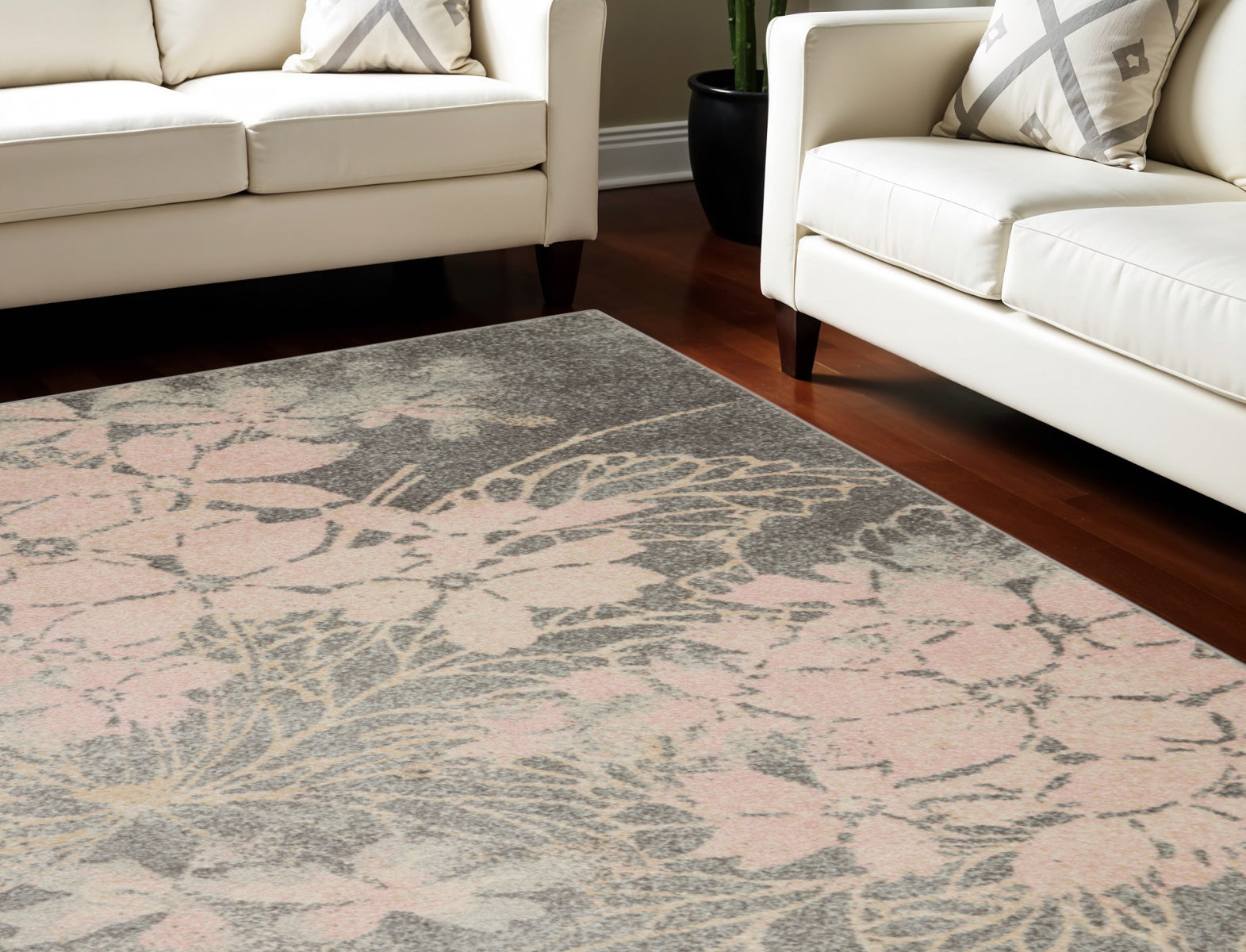 8 X 10 Gray And Pink Floral Area Rug
