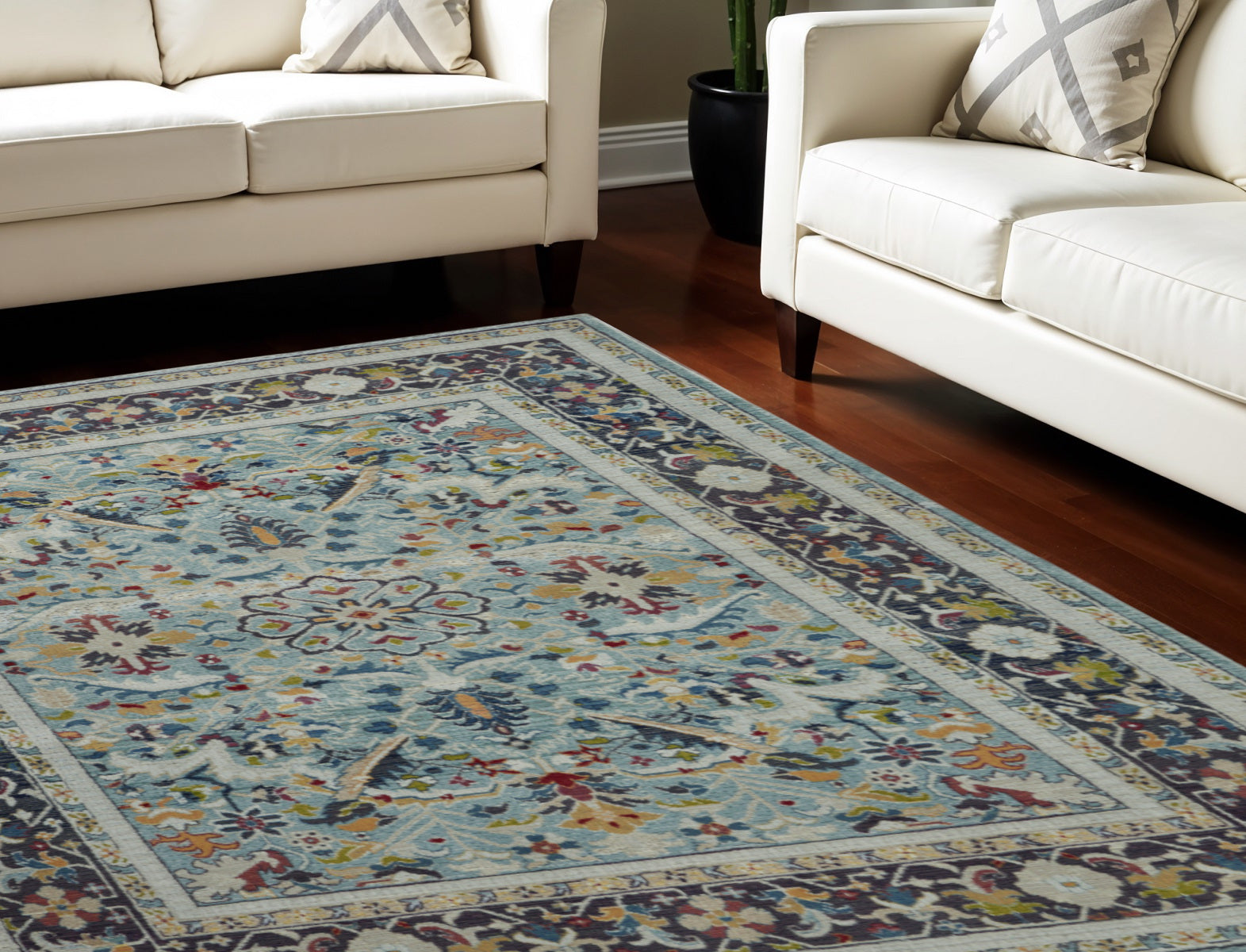 8 X 10 Teal Blue Orange and Black Floral Medallion Distressed Non Skid Area Rug