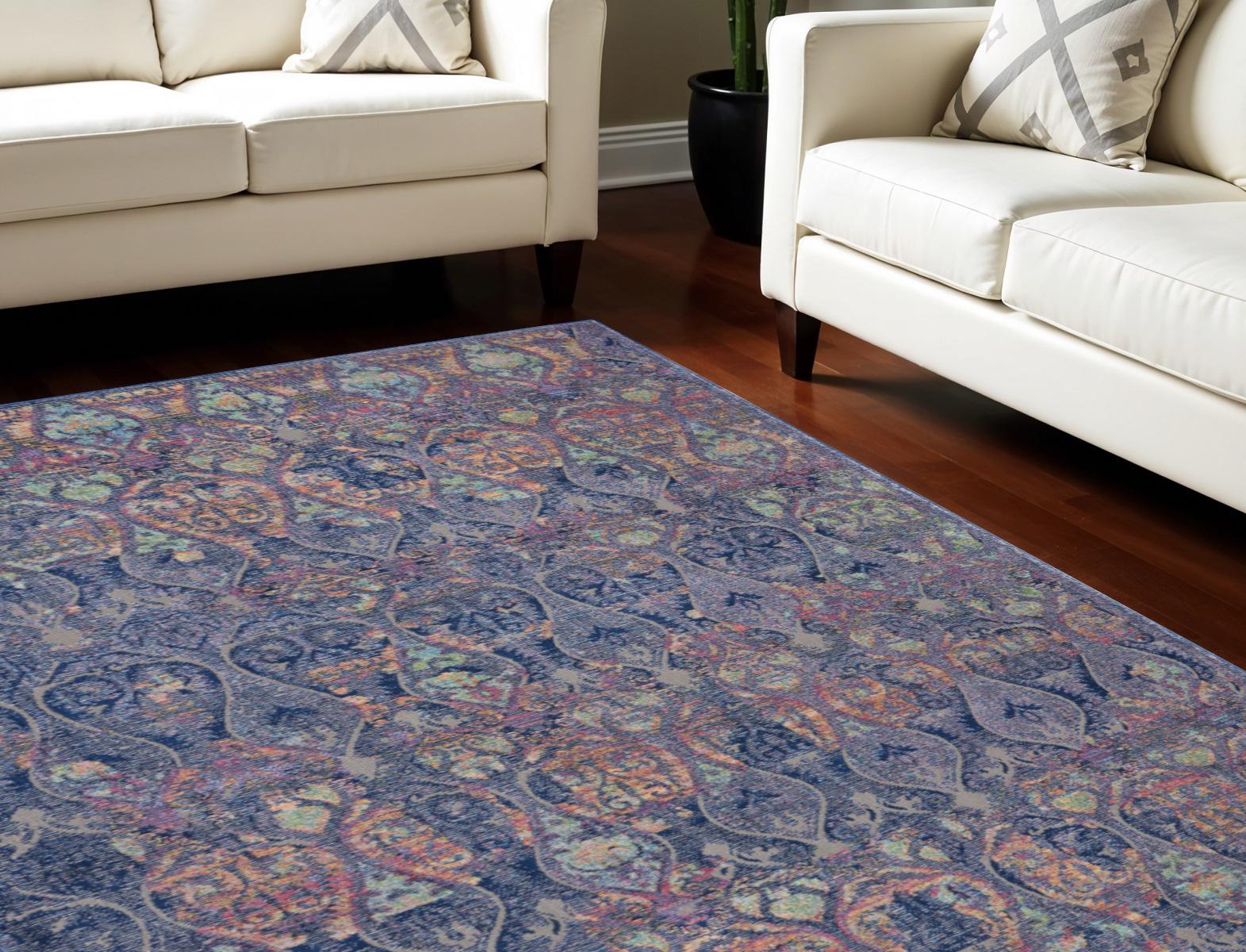 8 X 10 Navy Blue and Orange Ogee Distressed Non Skid Area Rug