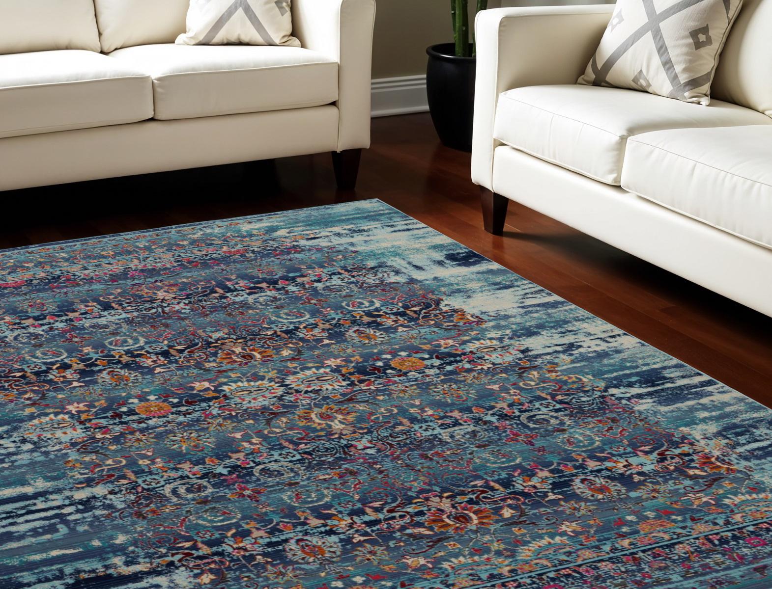 9 X 12 Blue Red And Orange Floral Distressed Non Skid Area Rug