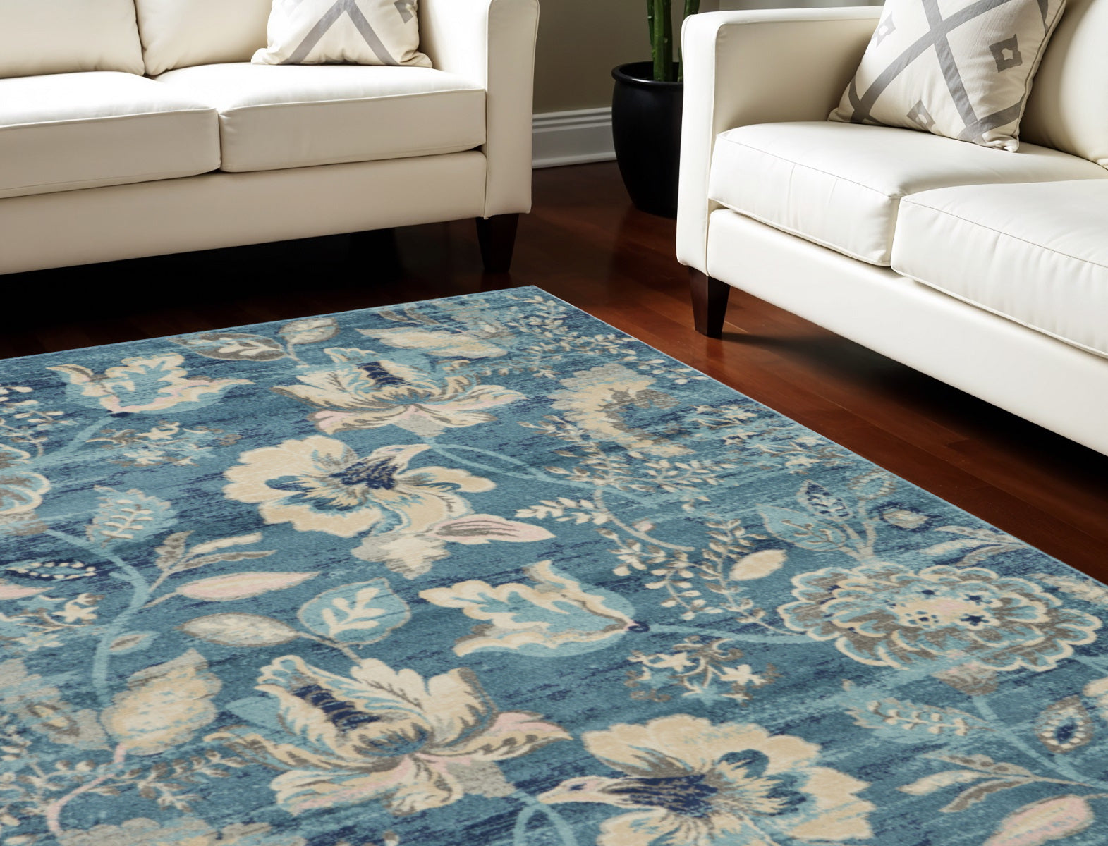 9 X 12 Turquoise Cream and Navy Blue Floral Distressed Area Rug