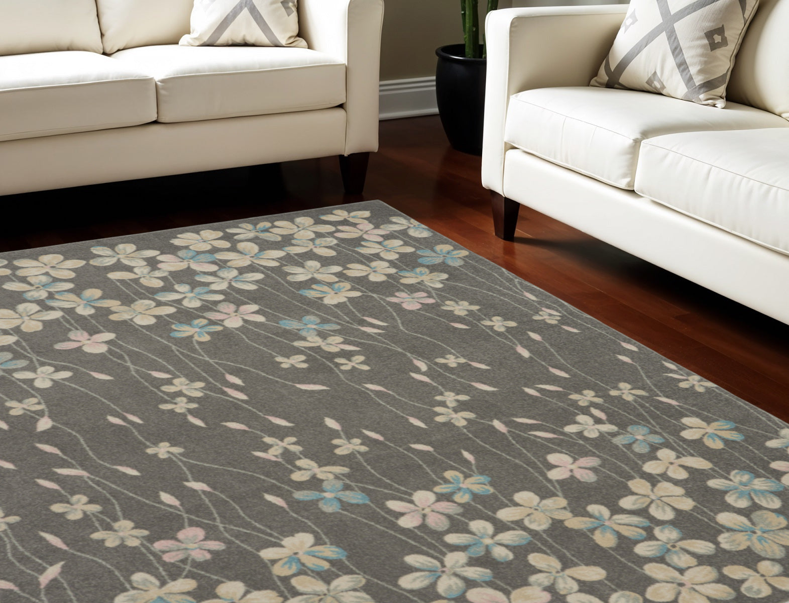 9 X 12 Beige And Gray Floral Area Rug