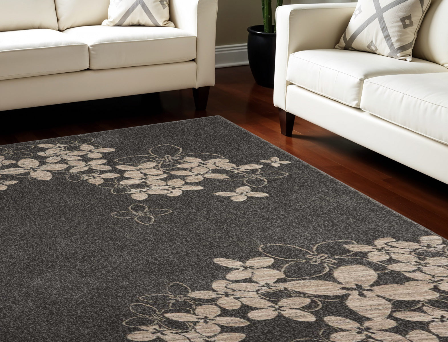 9 X 13 Beige and Charcoal Floral Non Skid Area Rug