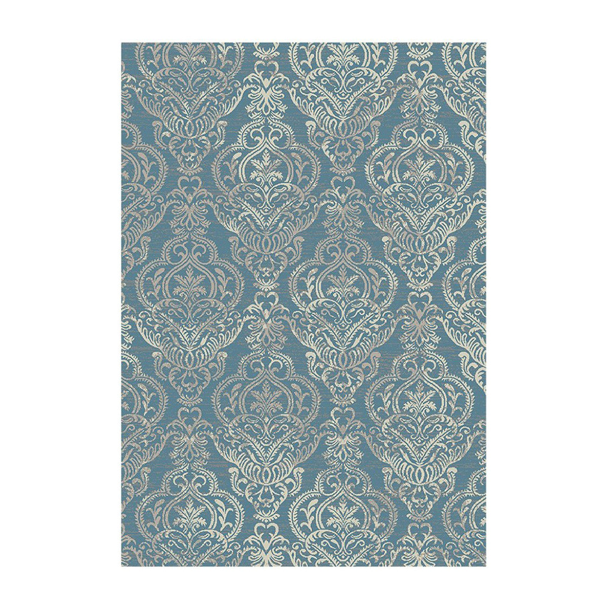 5 X 8 Blue and Beige Damask Distressed Area Rug
