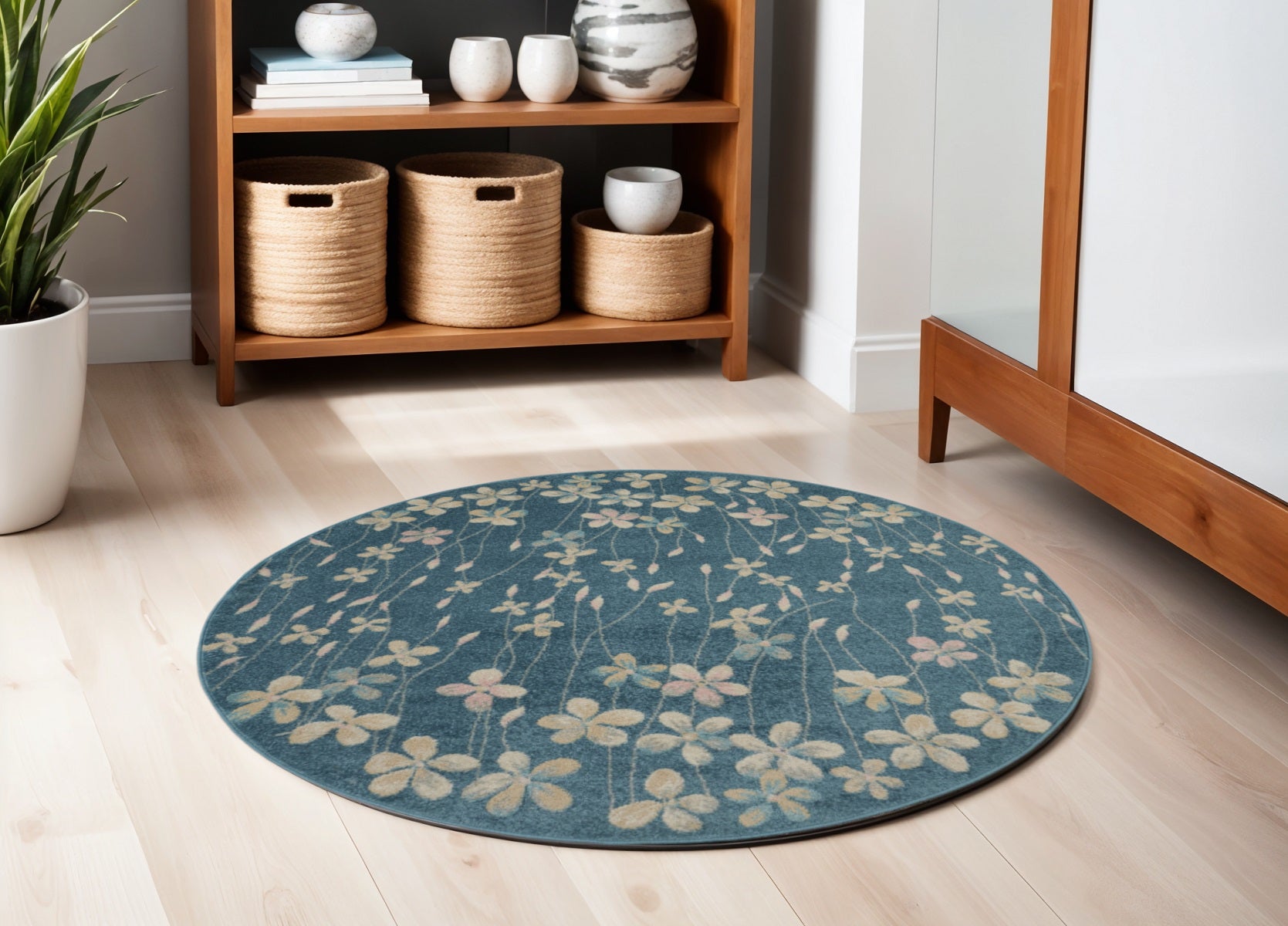 5 Turquoise and Cream Botanical Leaves Round Rug