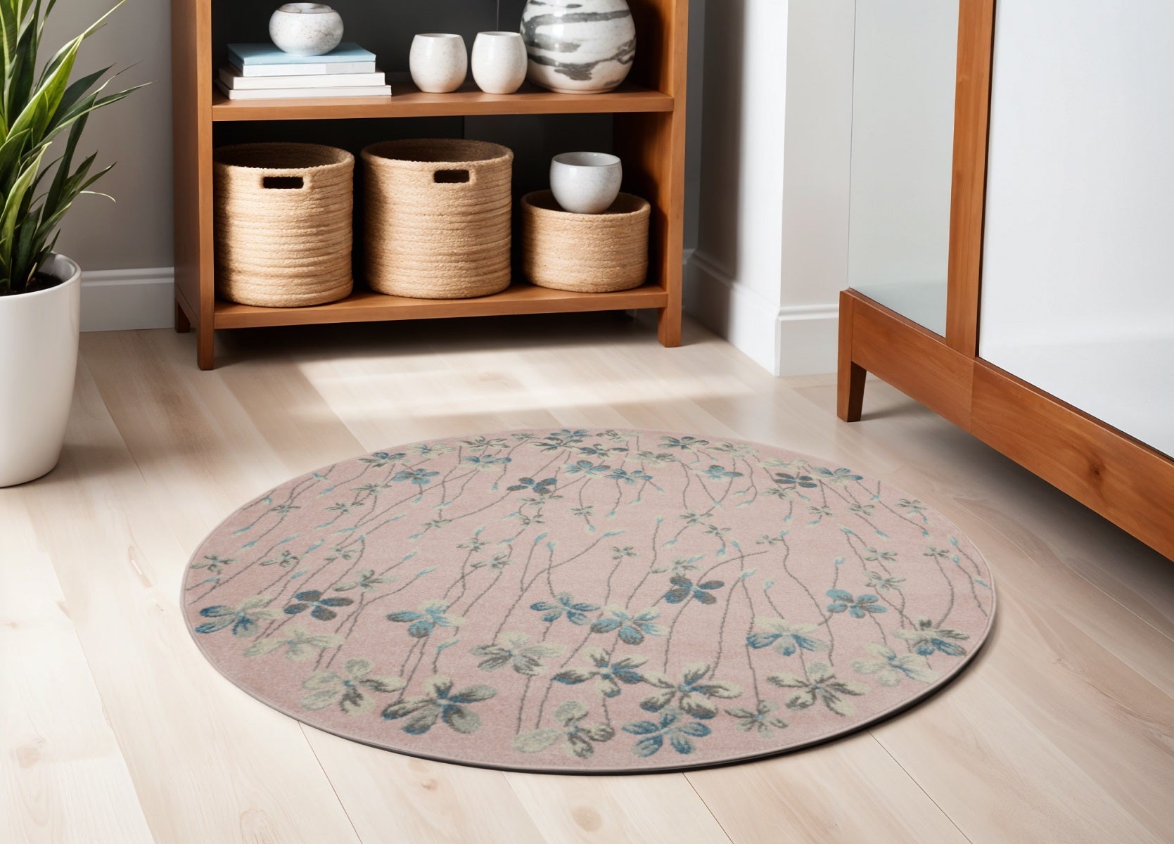 5 Pink Gray and Blue Botanical Leaves Round Rug